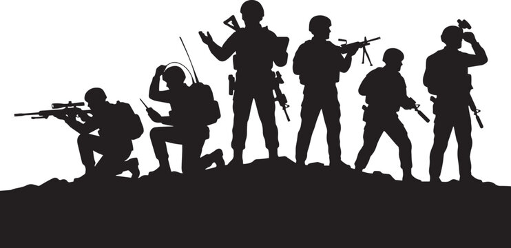 Military Soldiers Group Silhouette Standing on Battlefield Hill Isolated Background