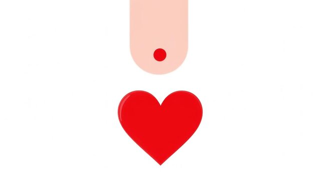 Minimalist vector icon of a finger prick blood drop falling onto a red heart, representing blood donation and medical health test