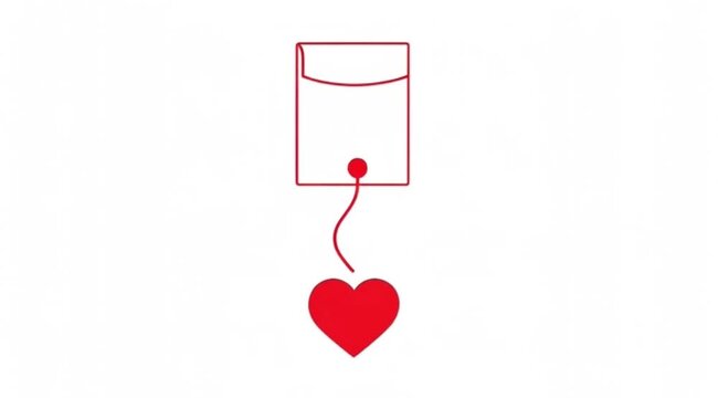 Minimalist red line art illustration of a tea bag with a hanging heart tag on a white background, concept of love and romance