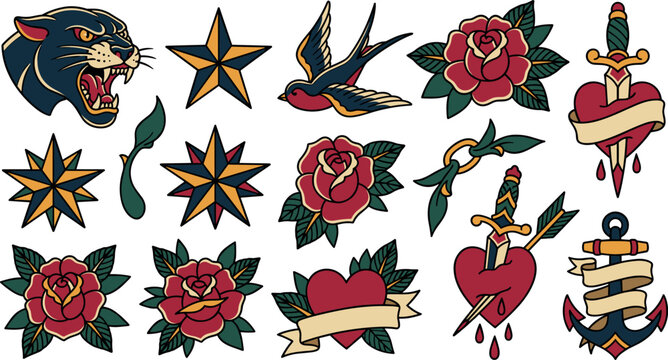 American Traditional Tattoo Flash Sheet Vector Set Featuring Panther Head Nautical Stars Swallow Roses Dagger Hearts and Anchor Elements for Graphic Designs