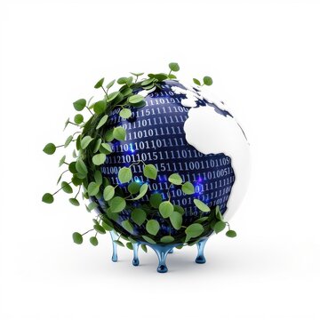 Globe covered with foliage, binary code visible. Represents digital world merging nature, sustainable technology concept.