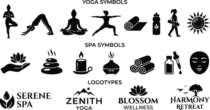 
Comprehensive Set of Minimalist Black Silhouette Yoga Symbols, Spa Wellness Icons, and Retreat Logotypes Vector Collection 2026