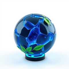 Naklejka premium Glowing sphere rests upon base. Fractured surface emits bright blue light, accented by green leaves. Digital art, futuristic design.