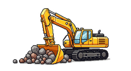 Yellow Excavator Machine Digging Rocks on Construction Site. © Luminaryshine