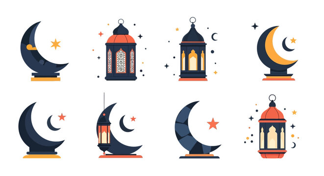 Ramadan Lantern and Crescent Moon Icon Set