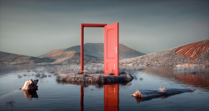 Surreal Open Red Door on Island in Reflective Water Dreamlike Fantasy Landscape