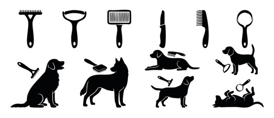 Dog grooming tools vector icons set featuring dog silhouettes, pet brushes, combs, and deshedding rakes for professional animal care, salon branding, clipping graphics, and clean domestic puppy design © Dinali