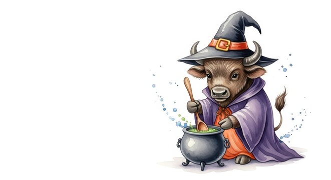 Adorable halloween scene with cartoon buffalo witch stirring magic potion