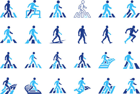 Set of blue pedestrian crossing icons showing people walking and running safely.