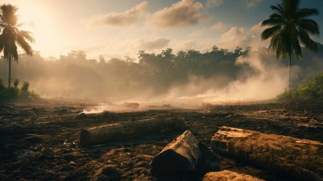 Misty riverbank landscape with scattered tree trunk, sunlight rays through fog, tropical palm silhouette, early morning atmospheric rustic natural scenery