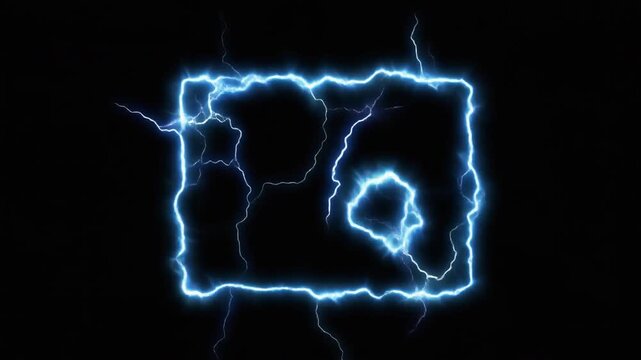 A dynamic, high-energy animation of glowing purple and blue electrical lightning forming a morphing, abstract rectangular frame or outline