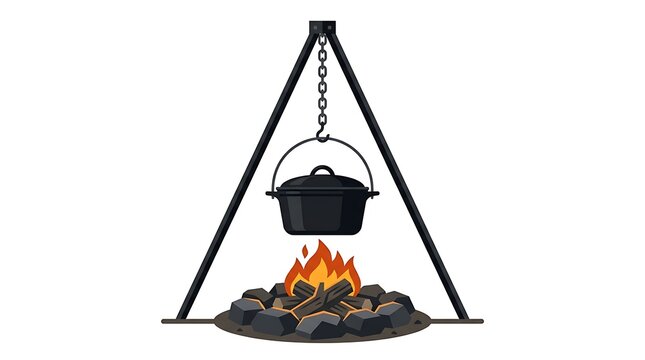 Traditional outdoor cooking setup featuring a cast-iron pot suspended over a crackling campfire, supported by a sturdy metal tripod, ideal for rustic wilderness meals