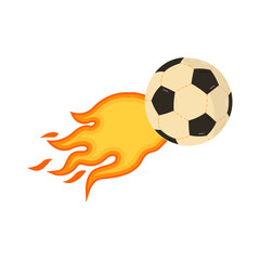 Fototapeta premium A classic black and white soccer ball moving fast with a bright yellow and orange flame trail behind it isolated on a transparent background