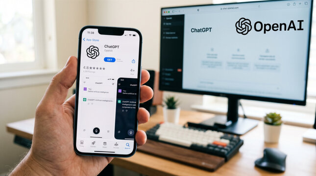 ChatGPT app by OpenAI on iPhone screen in front of desktop monitor showing ChatGPT website interface. Advanced generative AI chatbot technology, language processing, and AI assistant software.