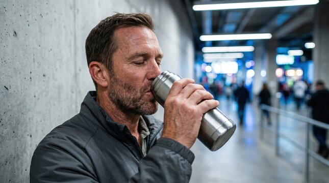 Mature man drinking from a metal thermos in a stadium corridor