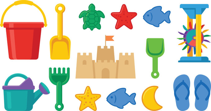 Beach Sand Toys Vector Icon Set with Plastic Bucket Shovel Rake Sandcastle Watering Can Flip Flops Water Wheel and Sea Animal Molds for Kids Summer Holiday Designs