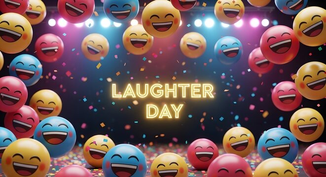 World laughter day celebration with colorful laughing emoji spheres floating in a festive stage environment with confetti