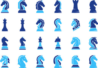 Set of blue and light blue chess piece icons featuring various knight and king designs. © Sabbir