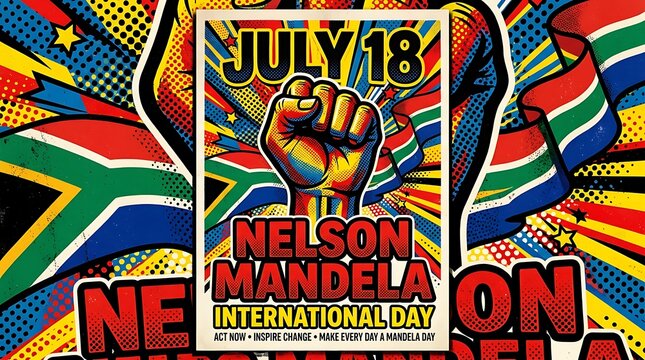 Pop art poster for nelson mandela international day with fist and flag, colorful