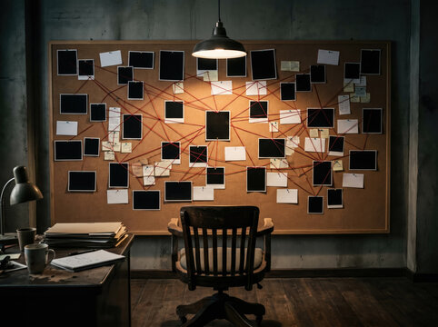 Empty chair facing a detailed crime investigation board in a dark room.
