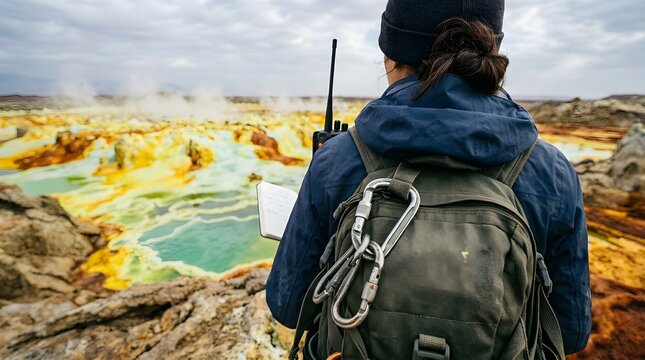 Rear View of Scientist Observing Hydrothermal Landscape in Dallol Ethiopia