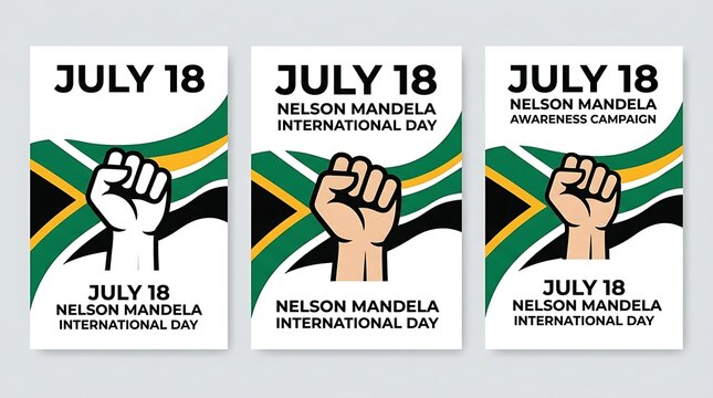 Set of nelson mandela international day posters with diverse raised fists