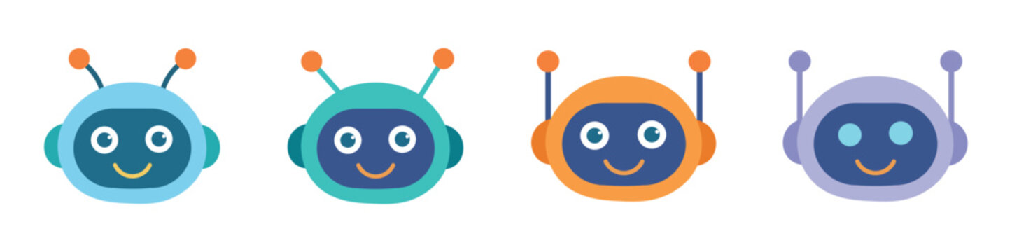 Colorful robot avatar icon set &ndash; Cute AI chatbot, artificial intelligence and technology character vector collection