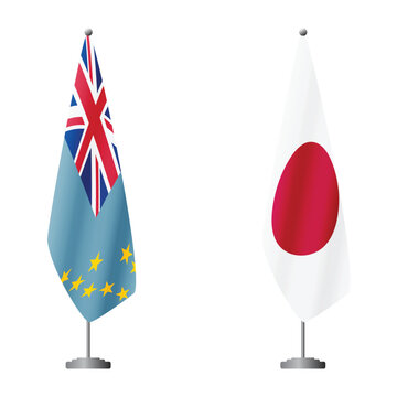 Tuvalu and Japan flags on flagpoles for official ceremonies and meetings, transparent background vector
