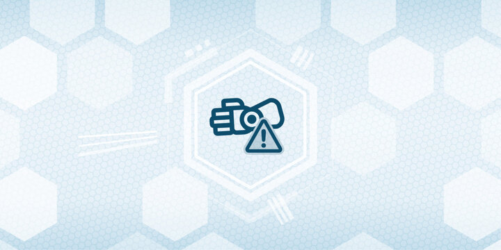 This vector warning graphic depicts a robotic hand in a modern digital hexagonal background. It is a perfect design element for any technology, industry, or cyber security project. warning,vector