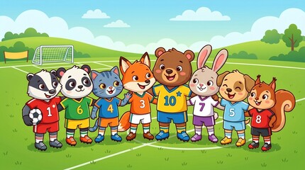 Naklejka premium Cute cartoon animal soccer team on the field