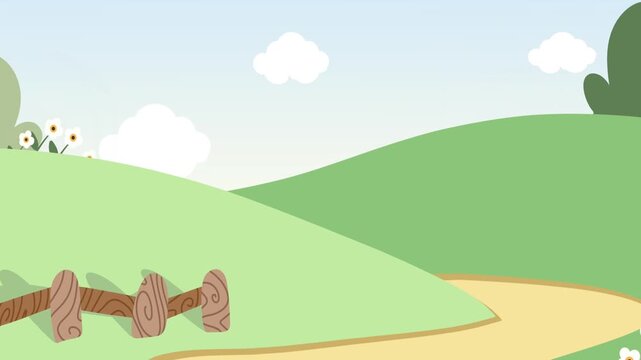 parallax animation of A serene landscape of rolling green hills and a winding dirt road with a broken wooden fence and a few trees under a blue sky with fluffy clouds