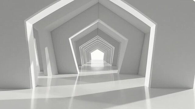 A bright white corridor with geometric pentagonal archway structures