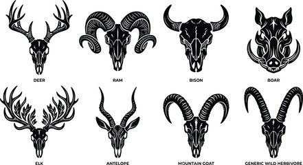 Obraz premium Black Silhouette Wildlife Skull Collection Featuring Deer Elk Ram Bison Boar and Antelope