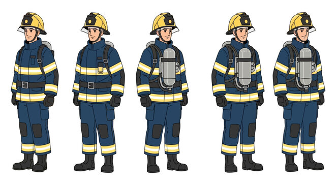 Five Firefighters in Full Protective Gear Standing Side by Side.