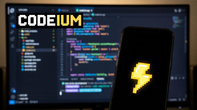 Codeium AI Coding Assistant on Smartphone Screen in Front of Computer Monitor Showing Source Code, Advanced Generative Artificial Intelligence Tool for Software Developers and Programming Logic.