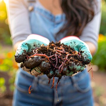 A woman wearing gardening gloves holds a handful of soil with worms