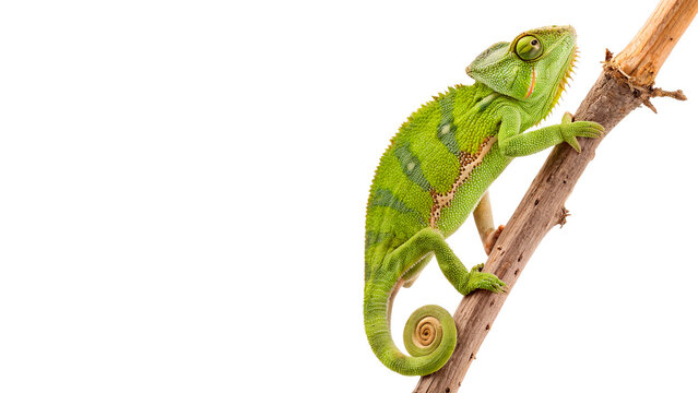 Vibrant green chameleon lizard sitting on branch isolated on a transparent background exotic reptile asset