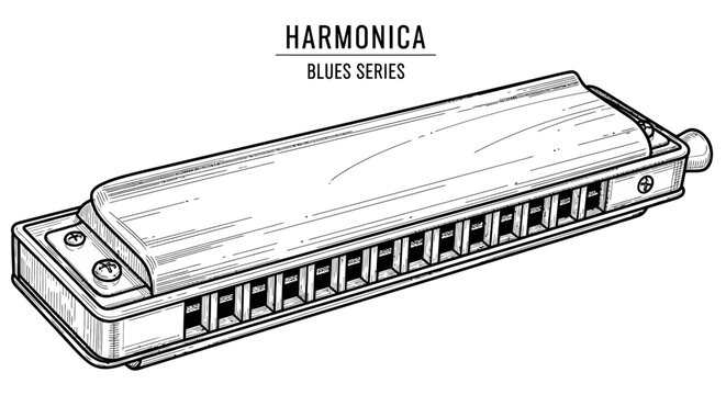 Detailed Hand Drawn Sketch of a Harmonica Musical Instrument.
