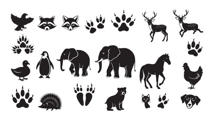 Naklejka premium Animal Silhouettes Icon Set With Paw Prints, Wildlife Shapes and Pet Symbols