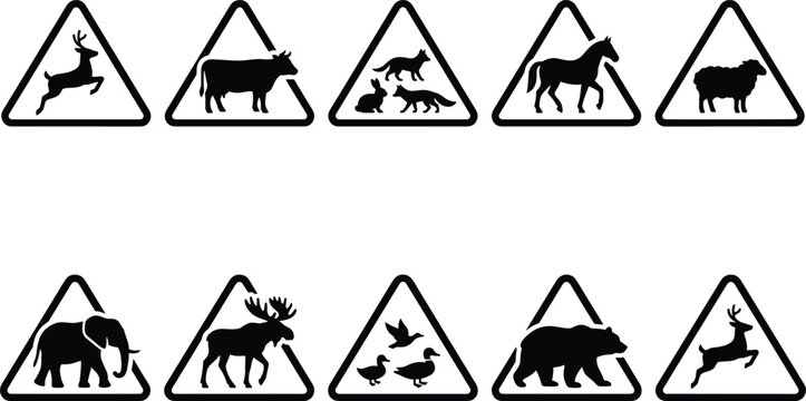 Animal silhouette warning signs in triangles for wildlife crossing awareness and traffic safety