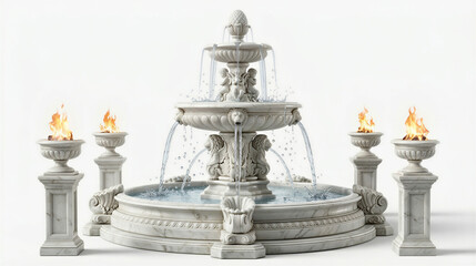 Fototapeta premium Marble fountain with flowing water and flames a three dimensional rendering on a white background stone tiered ornate sculptural garden outdoor feature