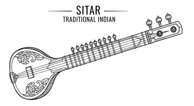 Hand drawn sketch of a traditional Indian sitar musical instrument.