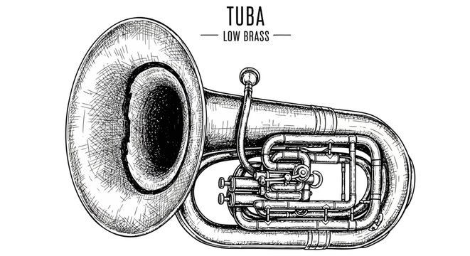 Hand drawn sketch illustration of a tuba musical instrument.