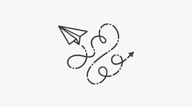 Paper airplane flying on a dotted line path.