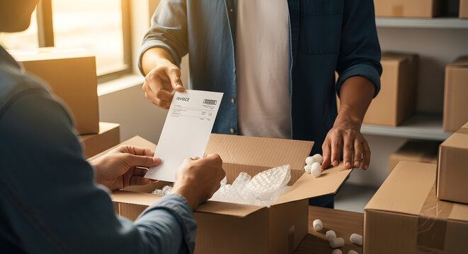 open cardboard package with invoice documents