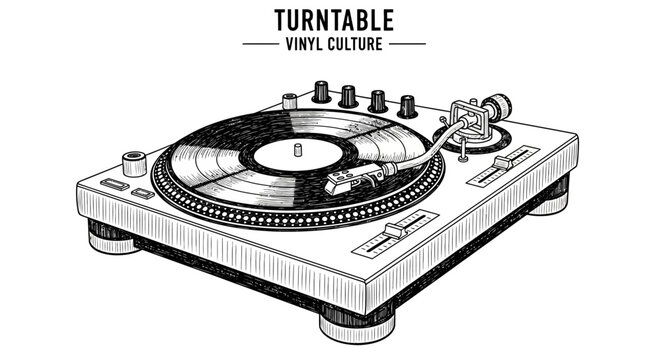 Handdrawn illustration of a vintage turntable with vinyl record.