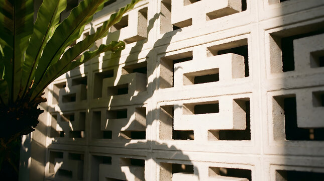 Geometric concrete breeze block wall with plant shadows.