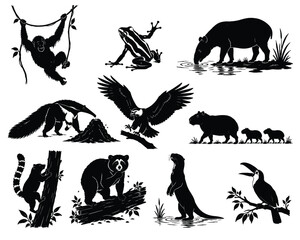 Fototapeta premium Tropical Wildlife Silhouettes Set Jungle Animals Icons