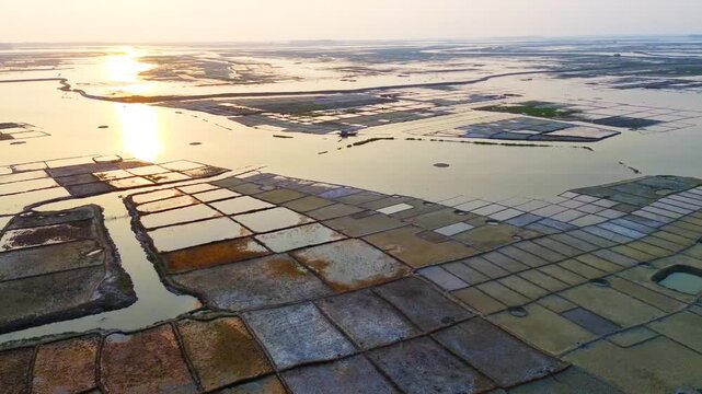 Aerial view of the grid pattern of salt evaporation ponds reflecting the golden sunset light over the coastal landscape in Cox's Bazar, Chittagong Division, Bangladesh.