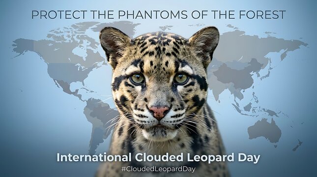 Majestic clouded leopard staring intensely on global map background promoting wildlife conservation awareness campaign